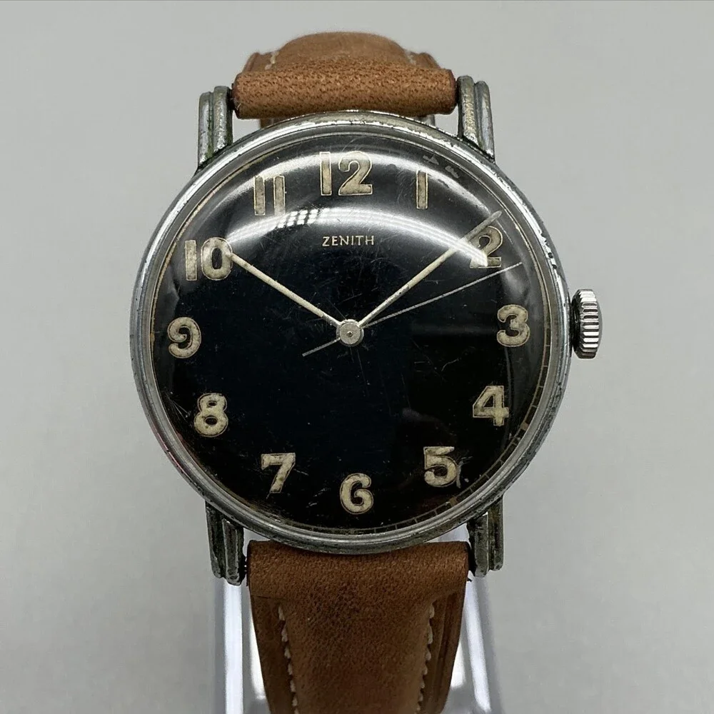 Vintage Zenith Mens Watch 35mm Black Arabic Dial Silver Tone Leather Manual Wind
